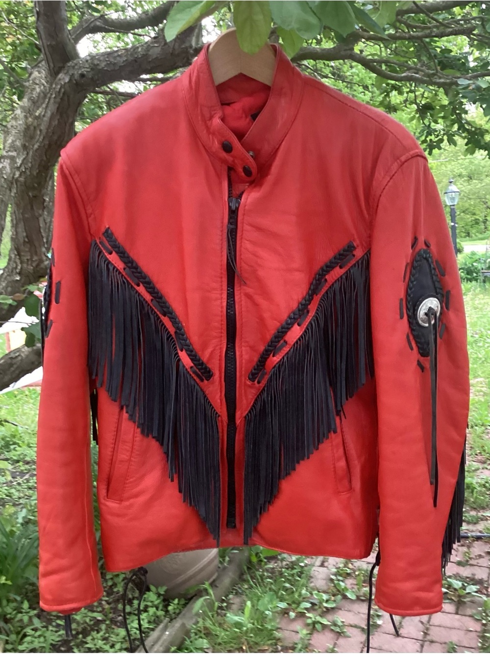 Red Leather Jacket Black Fringe Trim Unik Vintage size XL Zip In Liner Included